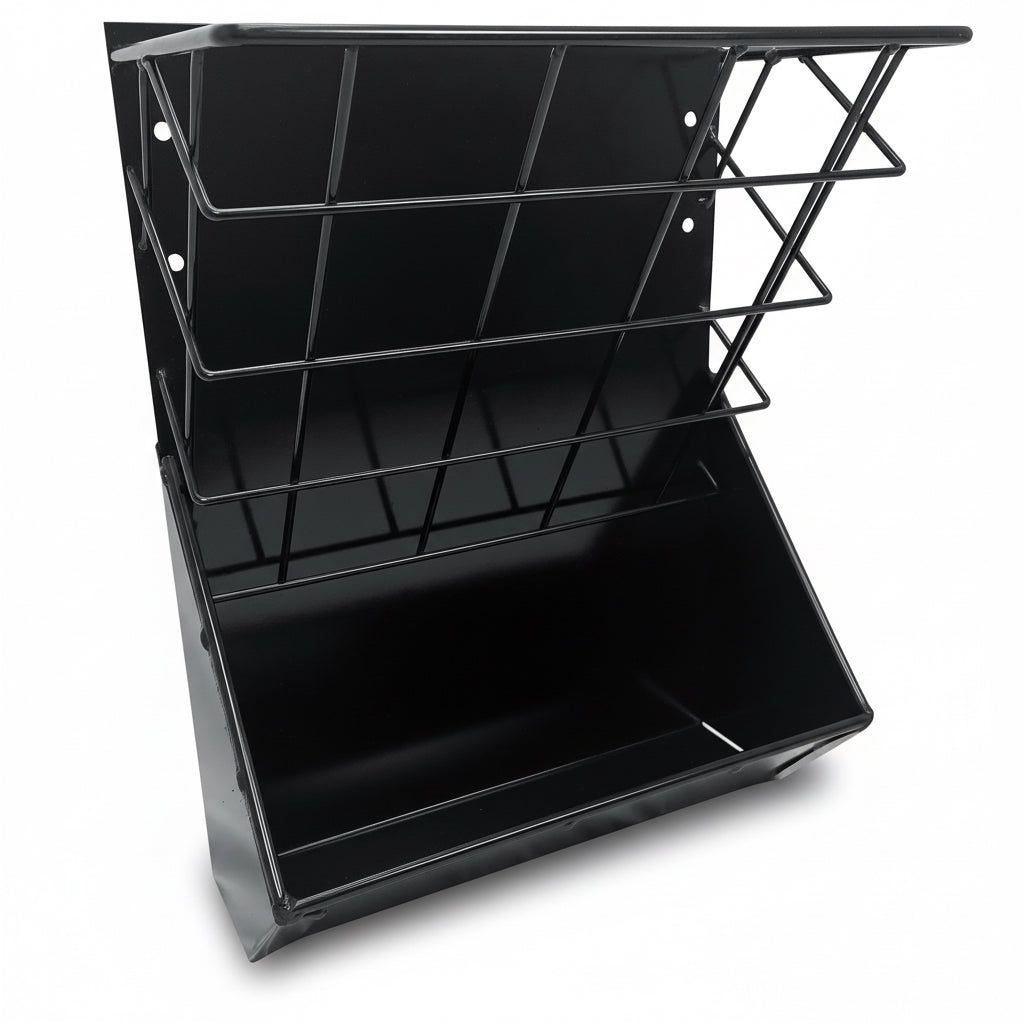 Black metal wall-mounted magazine rack with multiple shelves on a white background
