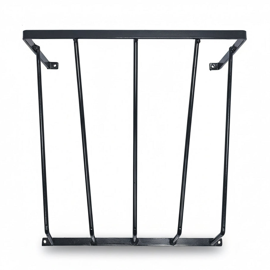 Black metal bike rack on a white background
