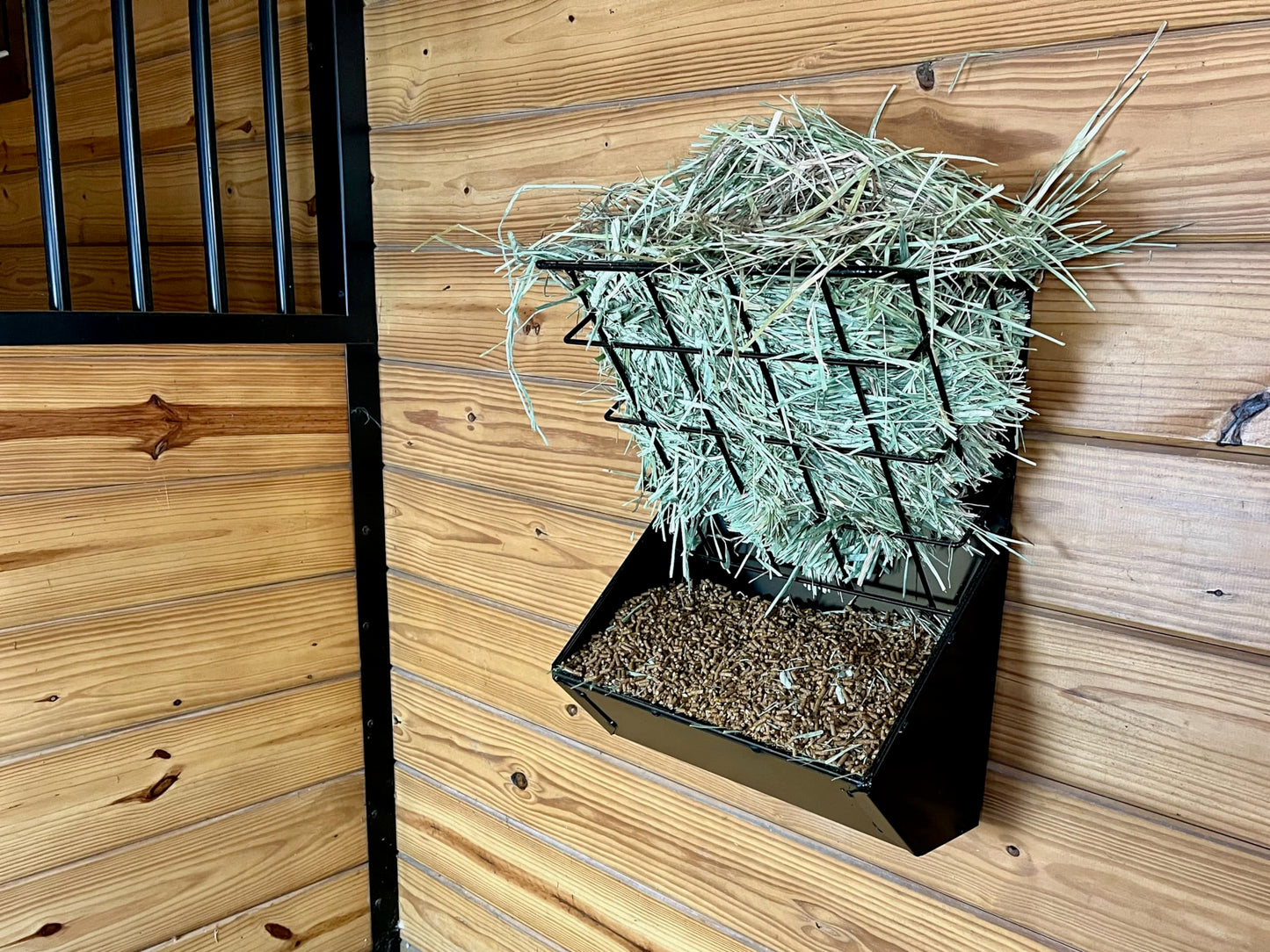 Dutch Ranch Wall Mount Hay and Grain Feeder for Horses, Ponies, Sheep, Goats and Minature Horses, Heavy Duty Steel Construction, Black, Made in USA